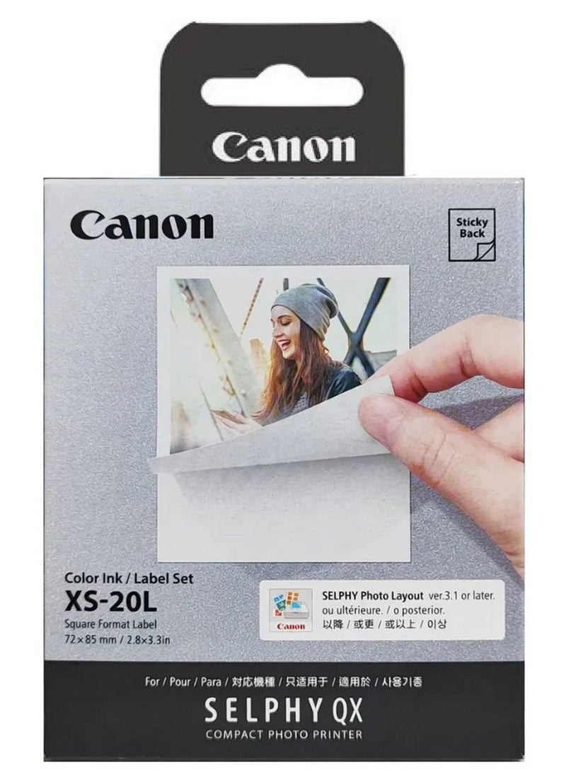 Canon XS 20L Color Ink & Label Set 20 Sheets Sticker Photo Paper for SELPHY QX Series Printers - Image 1